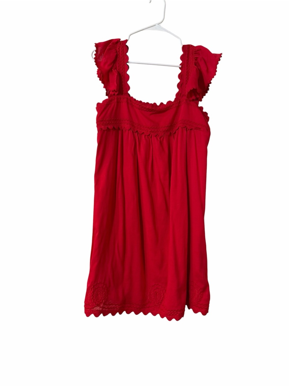 J.Marie Red Scallop Trim Babydoll Dress Small Linen Blend Flutter Sleeve - Picture 2 of 8